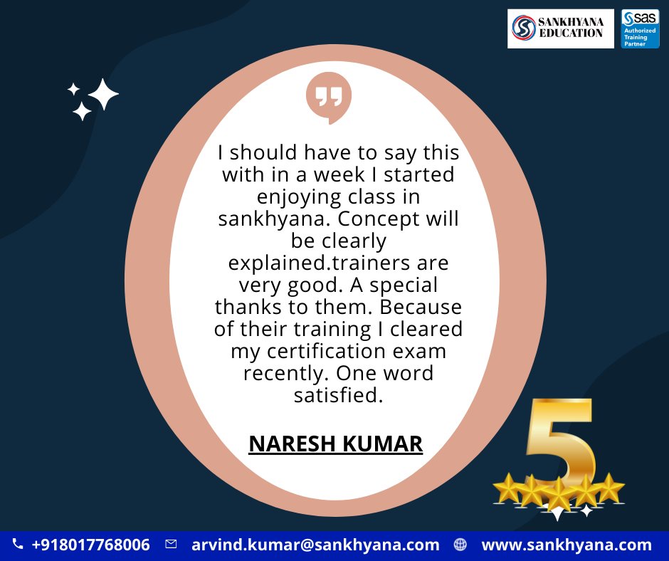 sankhayana's tweet image. We appreciate the time you took to #share your feedback.
Best of Luck for your future.

Join our online training Program: lnkd.in/dccXh9wj

Reach us: +91 8017768006, arvind.kumar@sankhyana.com,
sankhyana.com

#SASATC #DataAnalytics #Analytics #PowerCut #SAS