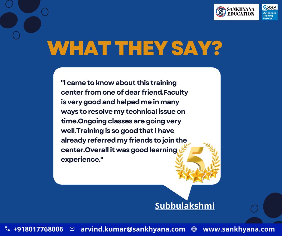 sankhayana's tweet image. We appreciate the time you took to #share your feedback.
Best of Luck for your future.

Join our online training Program: lnkd.in/dccXh9wj

Reach us: +91 8017768006, arvind.kumar@sankhyana.com,
sankhyana.com

#SASATC #DataAnalytics #Analytics #PowerCut #SAS