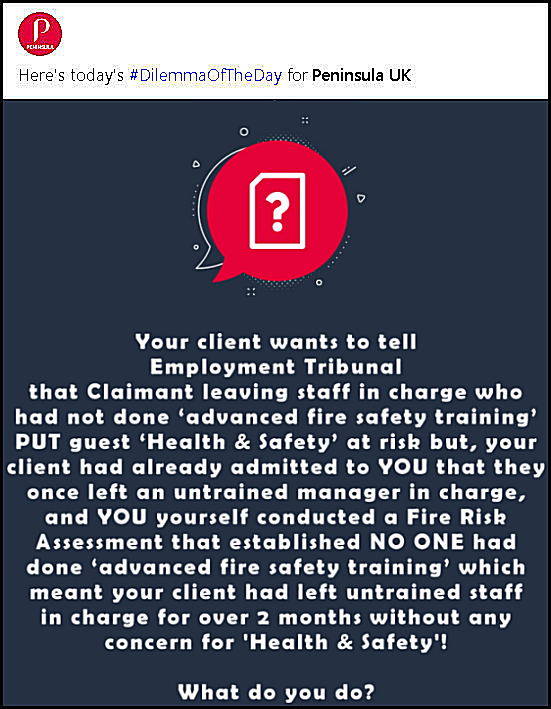 Luchta3's tweet photo. Dilemma 12 for @peninsula_uk! Be back at midday to see if you guessed their LIE correctly!! #EmploymentTribunal #EmploymentLaw #ukemplaw @ForbesBizCncl #emplaw @sra_solicitors #personneltoday #HR @Peter__Done @Kate1Palmer #hrreview https://t.co/IOTBlOOnWN