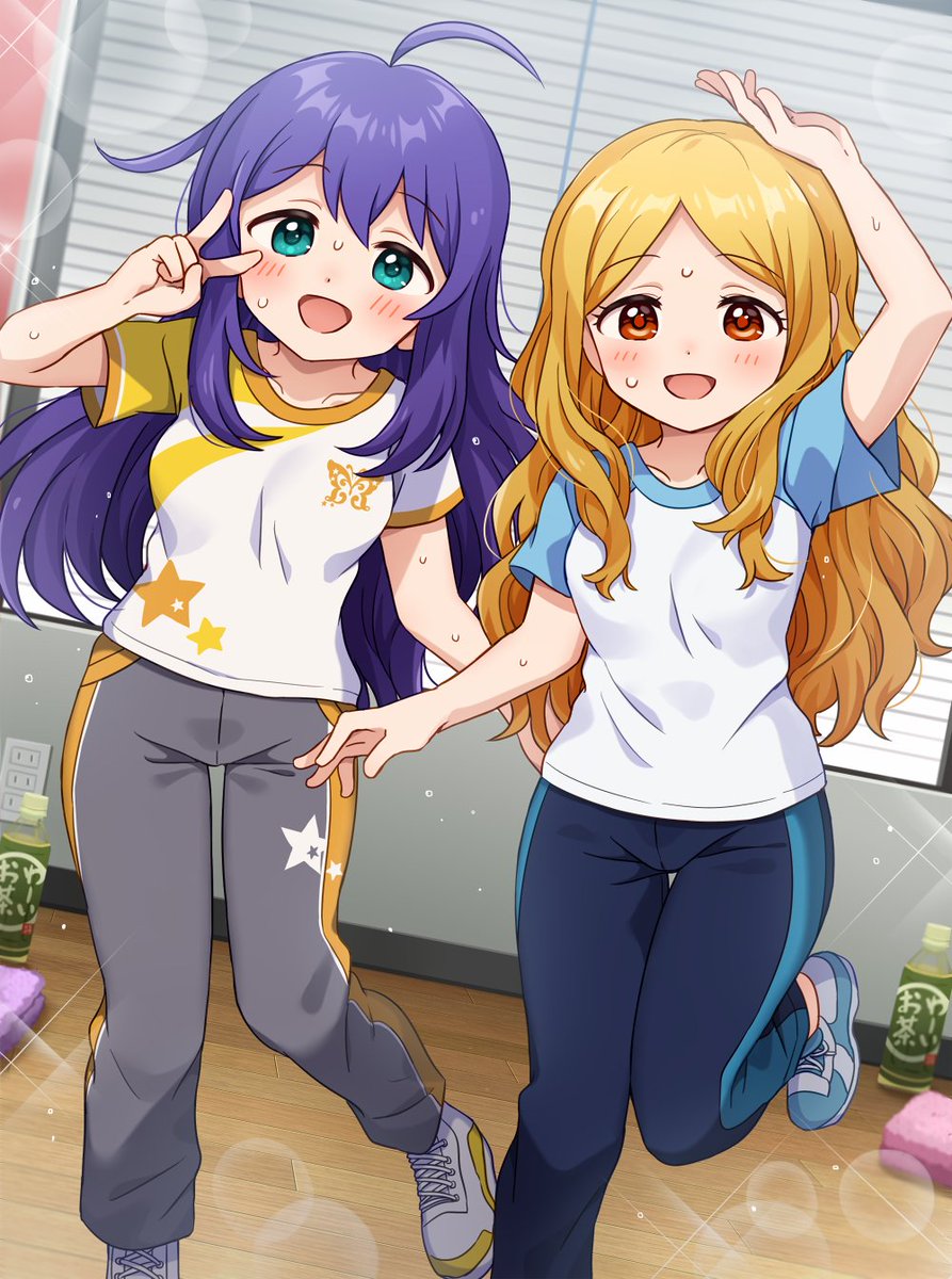 mochizuki anna multiple girls 2girls long hair pants smile shirt blonde hair  illustration images