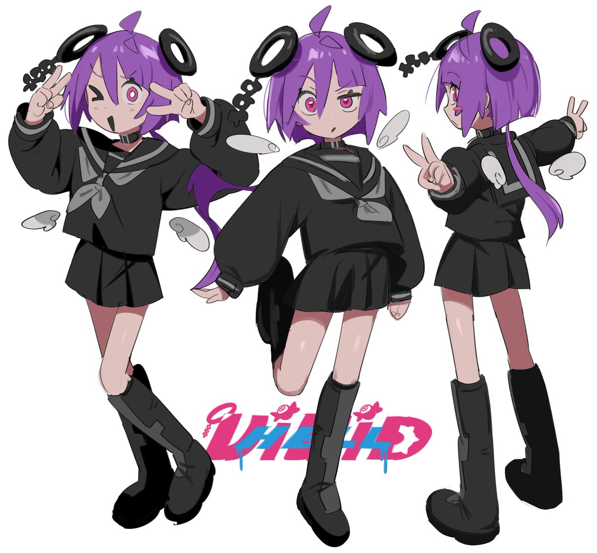 1girl purple hair double v v boots skirt school uniform  illustration images