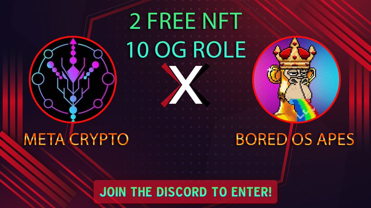 ✨ BoredOSApes x META CRYPYO  ✨

We’re pleased to #giveaway
2x Free NFT 
10 x OG Role 

To enter:
1️⃣ Must Follow <a href="/BoredOSApes/">Bored OS Apes ⚛️- Public Mint LIVE</a>
&amp; <a href="/MetaKMI/">META CRYPTO</a> 
2️⃣ Like + RT + Tag 3 frens

Mint time : 30th April - 4 PM UTC 
Website : boredosapes.com

Ends in 1h