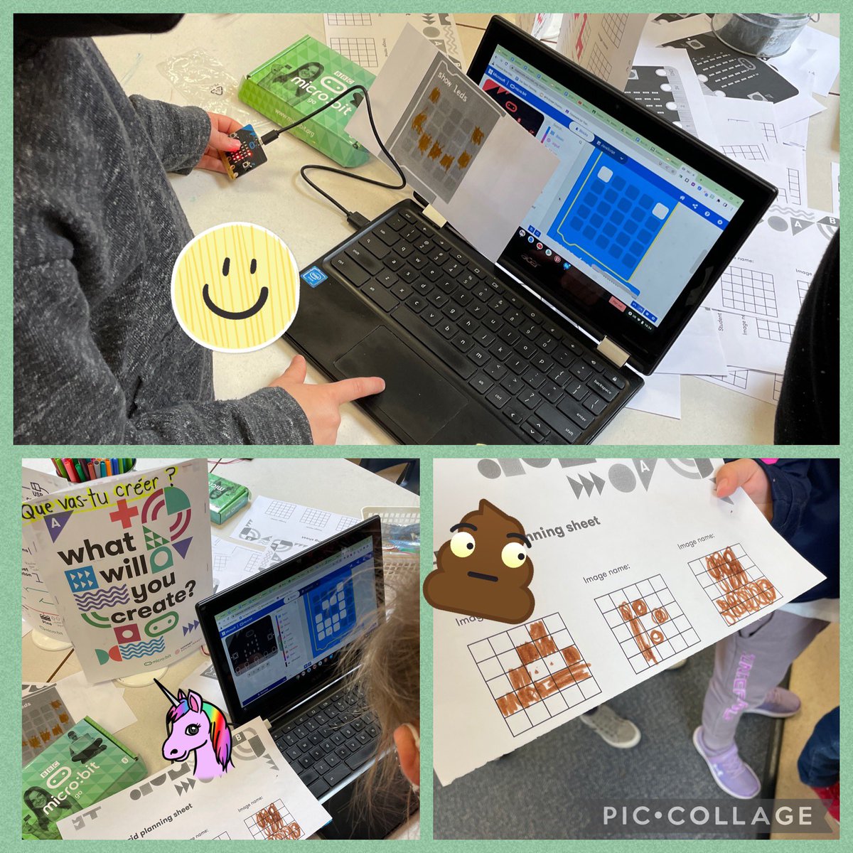 Our kinders never cease to amaze us! They independently drew such creative🦄&amp; hilarious💩images on their 5x5 grids &amp; input them in Basic “show LEDs” blocks in MakeCode! Batteries attached, they proudly showed off their coded animations to all around the room (our ducklings too!)