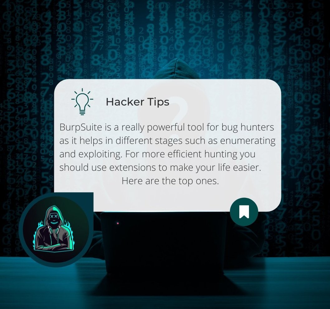 freeprogrammers's tweet photo. [HACKER TIP] Top Burp Suite Extensions:
1- Turbo Intruder
2- J2EEScan
3- Autorize
4- Active Scan++
5- Collaborator Everywhere
6- Param Miner
7- JSON Beautifier
8- Upload Scanner
9- Freddy
10- Logger++
#bugbounty #hackertips #BurpSuite https://t.co/OKbjn8fdQ2