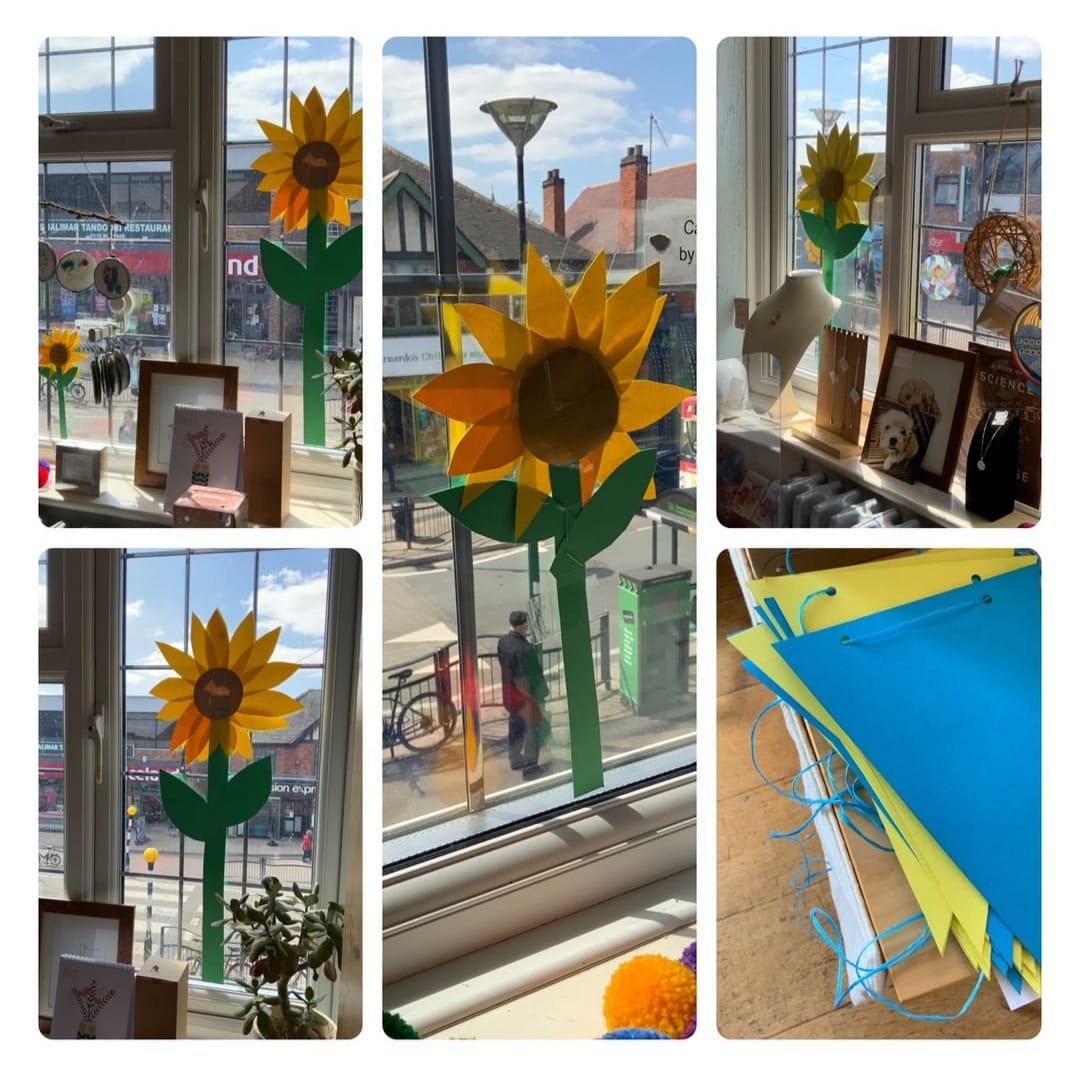 We love this beautiful window display by <a href="/locprod4you/">Locally Produced</a> in support of the March in solidarity for the people of Ukraine. Residents are invited to meet on Gordon Road at 10.30am today and process along Central Avenue, to Lutterell Hall. #WBWay #westbridgford #Ukraine #support