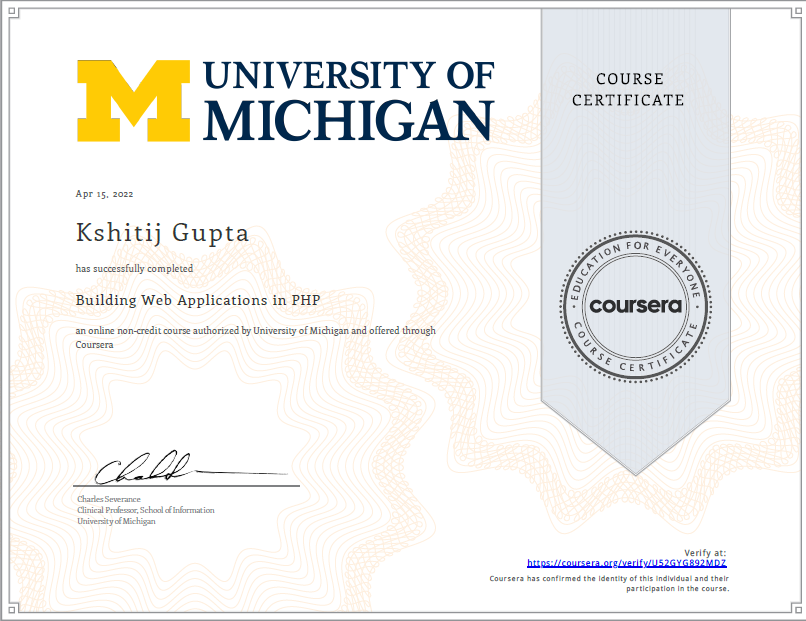 KshitijG1818's tweet photo. In this course, I explored the basic structure of a web application, and how a web browser interacts with a web server. I also gained knowledge of Hypertext Markup Language (HTML), PHP language and Cascading Style Sheets (CSS).
#csebennett https://t.co/33mPqv4XHh