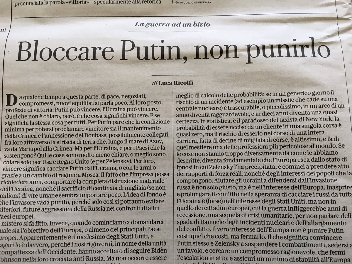 Leonardobecchet's tweet photo. Finalmente qualcuno che ragiona…
Ragione, prudenza, ricerca della pace   devono spingere Ue a posizione diversa da USA e Uk..
Bravo @ricolfi_luca ! https://t.co/3PN5ZgV4Yl