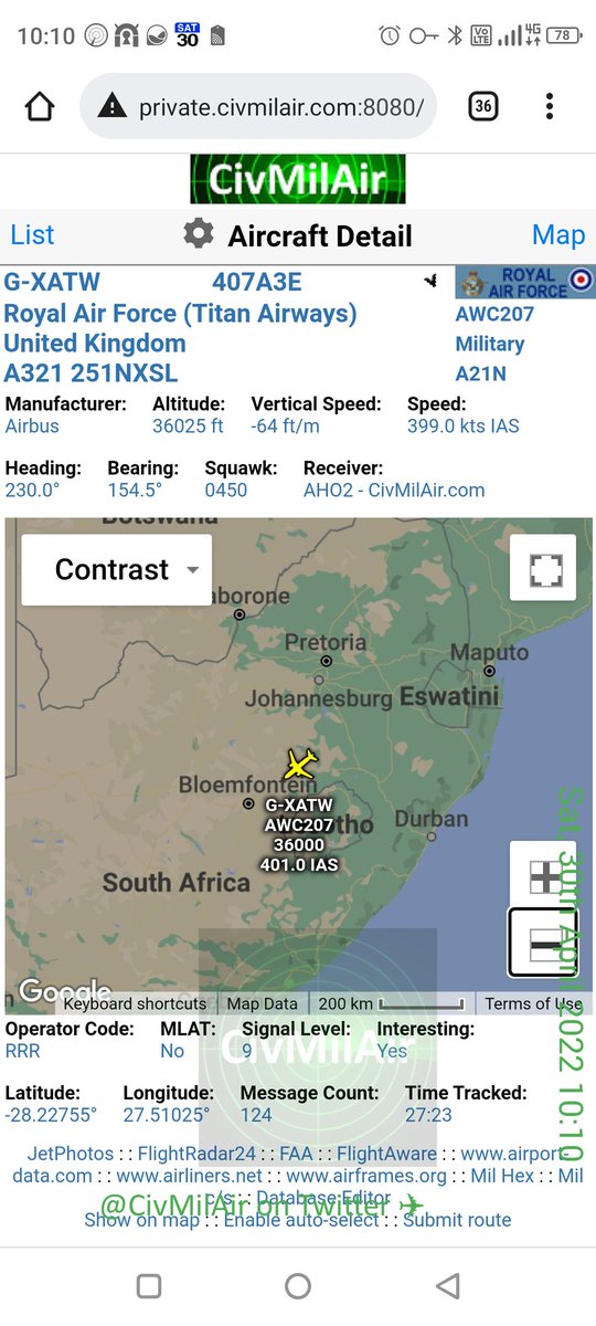 CivMilAir's tweet photo. #BorisForceOne Huh?! That you, Boris? 🤷‍♂️

36,000ft heading over South Africa

🇬🇧 Titan Airways
A21N G-XATW AWC207

https://t.co/WngqZRMgjI https://t.co/ByTYs89vCM
