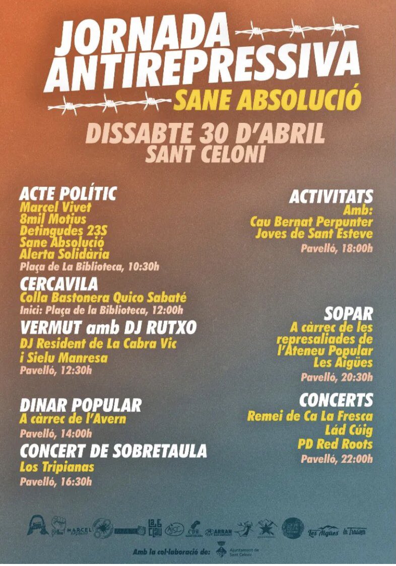Avui som a Sant Celoni donant suport a la <a href="/saneabsolucio/">Sane Absolució</a> i a tots els companys i companyes afectades per la repressió espanyola!
#Guanyarem