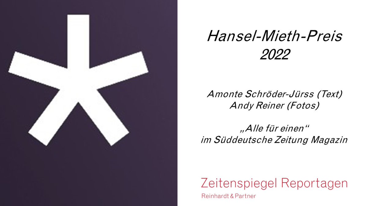 🎉 Wir gratulieren herzlich der Autorin <a href="/amonte_schroe/">Amonte Schröder-Jürss</a> ✏️ und dem Fotografen <a href="/AndyReiner68/">Andy Reiner</a> 📸 zum Hansel-Mieth-Preis 2022. Sie werden für ihre Reportage "Alle für einen" im <a href="/szmagazin/">SZ Magazin</a> ausgezeichnet. 🥳