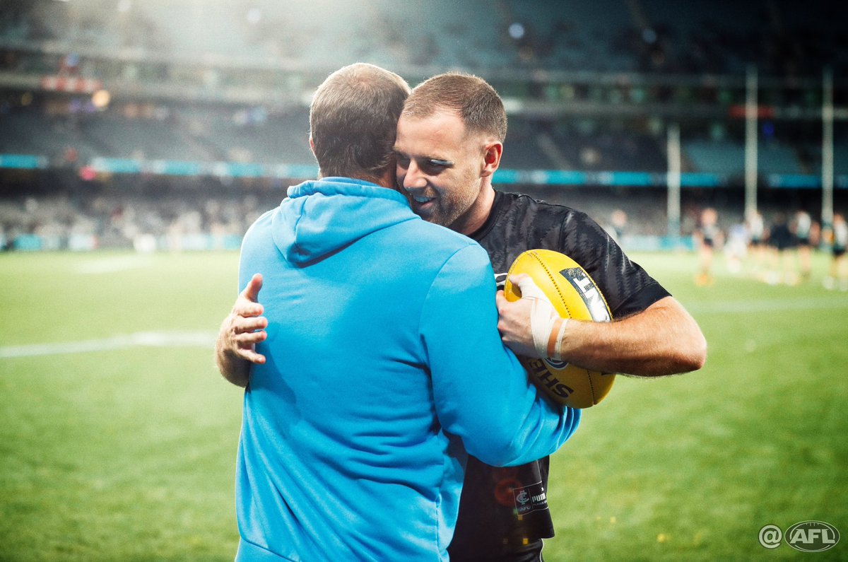 Survivors 💪 Ben Cunnington & Sam Docherty embrace before #AFLBluesNorth