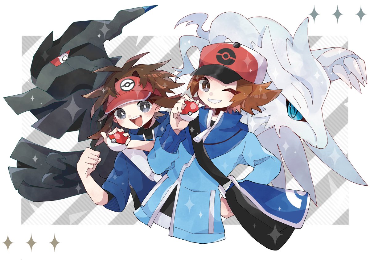 hilbert (pokemon) ,nate (pokemon) brown hair holding smile blue jacket visor cap poke ball (basic) 2boys  illustration images