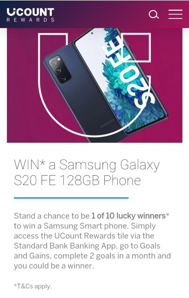 kongsingdeli's tweet photo. Stand a chance to win a Samsung Galaxy S20 smartphone by simply accessing the #UCount tile on the @StandardBankZA Banking App &amp; completing 2 goals in a month. https://t.co/EPKNSjP7AD