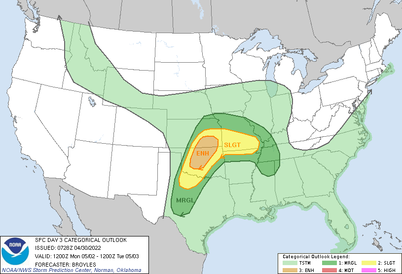 LimWeather's tweet photo. D3: #EnhancedRisk for C #Oklahoma and SE #Kansas states, with a 30% risk of #Severewx in the ENH zone. SIG #Severewx extends into N #Texas as well. Risks include #Tornado, #Hail and damaging #Winds. Lets see by D1 and D2 on how this pans out. #OKwx #KSwx #TXwx #MOwx #ARwx #NWSSPC https://t.co/xSVu2pnEmQ