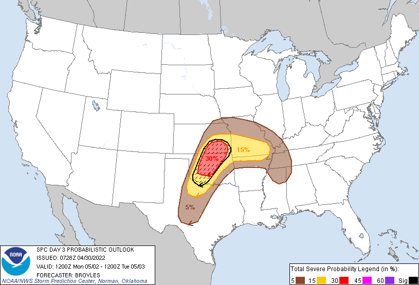 LimWeather's tweet photo. D3: #EnhancedRisk for C #Oklahoma and SE #Kansas states, with a 30% risk of #Severewx in the ENH zone. SIG #Severewx extends into N #Texas as well. Risks include #Tornado, #Hail and damaging #Winds. Lets see by D1 and D2 on how this pans out. #OKwx #KSwx #TXwx #MOwx #ARwx #NWSSPC https://t.co/xSVu2pnEmQ