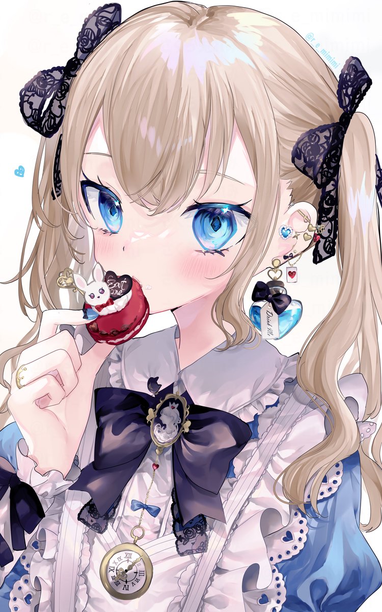 1girl twintails jewelry solo blue eyes earrings bow  illustration images