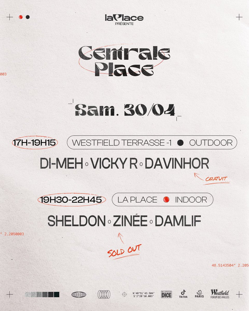 🗓 Aujourd'hui sur #CentralePlace !

📍 𝗢𝗨𝗧𝗗𝗢𝗢𝗥 - 𝗧𝗲𝗿𝗿𝗮𝘀𝘀𝗲 𝗙𝗼𝗿𝘂𝗺 𝗱𝗲𝘀 𝗛𝗮𝗹𝗹𝗲𝘀
17h – 19h : <a href="/dimeh_todo/">#Nanana Nouvel ep le 30 mai!</a> + <a href="/IamVickyR_/">Vicky R</a> + <a href="/DavinhorPacman/">DAVINHOR PACMAN 🖤</a>
🎟 GRATUIT

📍 𝗜𝗡𝗗𝗢𝗢𝗥 - 𝗟𝗮 𝗣𝗹𝗮𝗰𝗲
19h30 – 22h30 : <a href="/Sheldon75e/">Sheldon || SEUL(S) EP DISPO</a> + <a href="/Zinee313/">Zinée</a> + <a href="/damlif_/">damlif</a> 
🎟 SOLD OUT