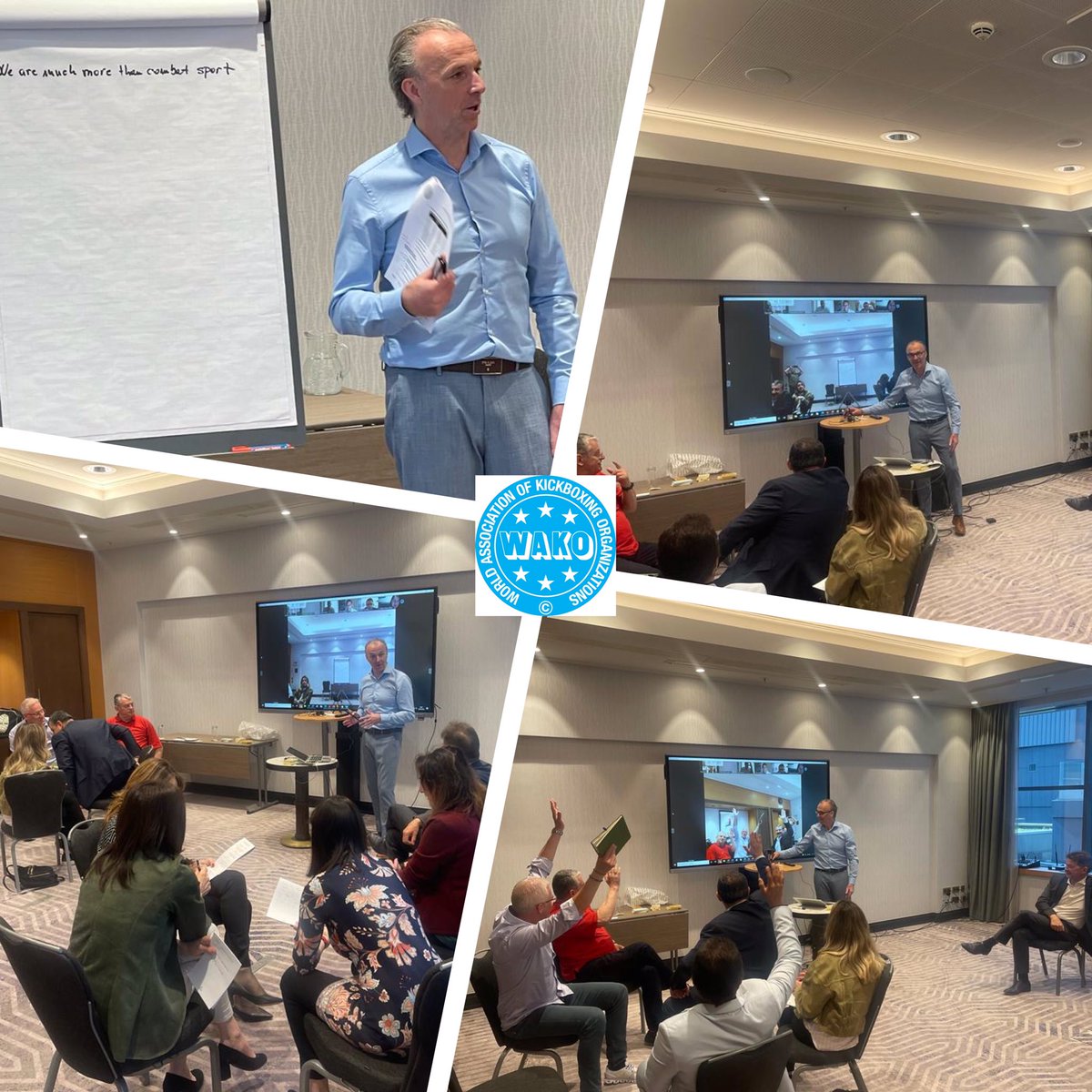 WAKO President Roy Baker leading the first session during the second day of the Board meeting, speaking about strategy development of kickboxing and a vision where we see ourselves in the global sport world. 
The challenges are huge.