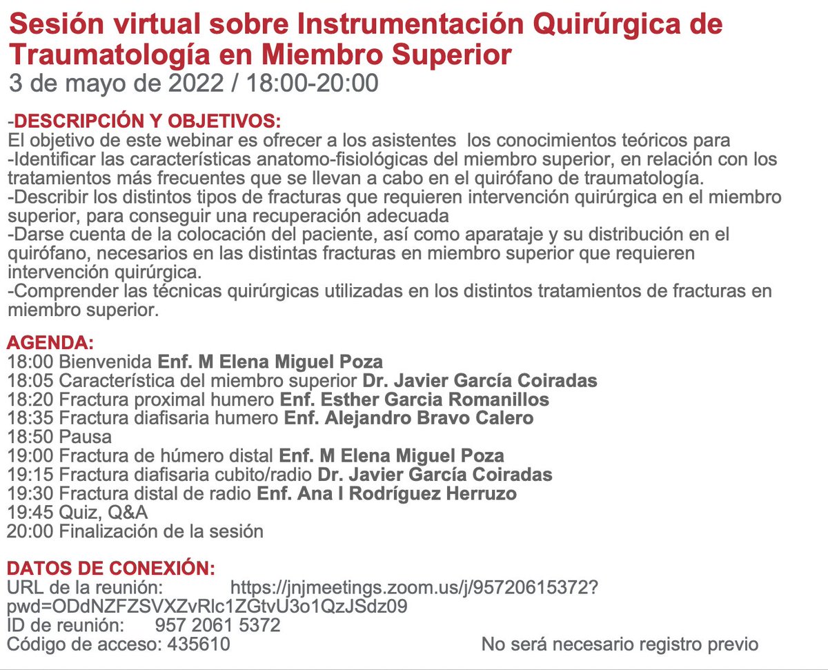 ElenaMiguelPoza's tweet photo. Formacion Enfermera. Sesión virtual GRATUITA y de ACCESO LIBRE sobre Instrumentación Quirúrgica de Traumatología en Miembro Superior. 3 de mayo de 2022 / 18:00-20:00 #enfermeraquirofano #aeeto #formacionenfermera 
URL de la reunión: https://t.co/7itEVrBrPS https://t.co/tvTJ1lSRX7