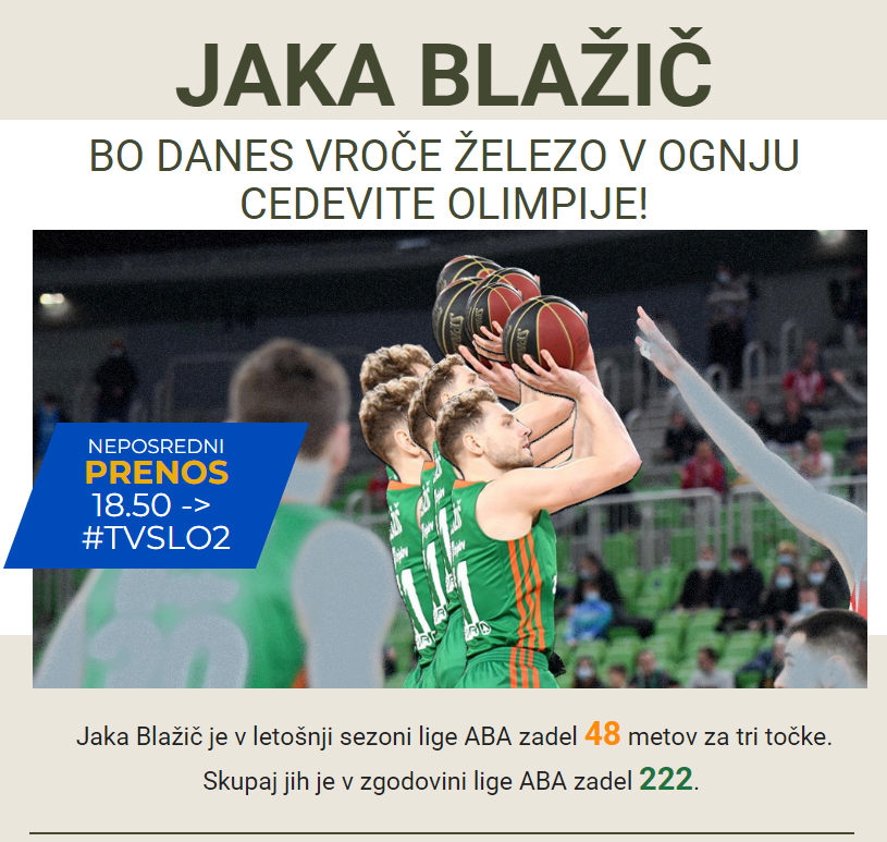 Spet bomo v družbi <a href="/ABA_League/">ABA League</a>. <a href="/KKCedOL/">Cedevita Olimpija Ljubljana</a> gosti <a href="/BCIgokea/">Igokea m:tel</a>, na sporedu je 1. dodatna tekma za uvrstitev v polfinale. Stožice❌Tivoli✅<a href="/TVSLOsport/">Športni program TV Slovenija</a>✅ Statistika✅⤵️ Komentator 🙋‍♂️🕺 Od 18.50 naprej, na #tvslo2.