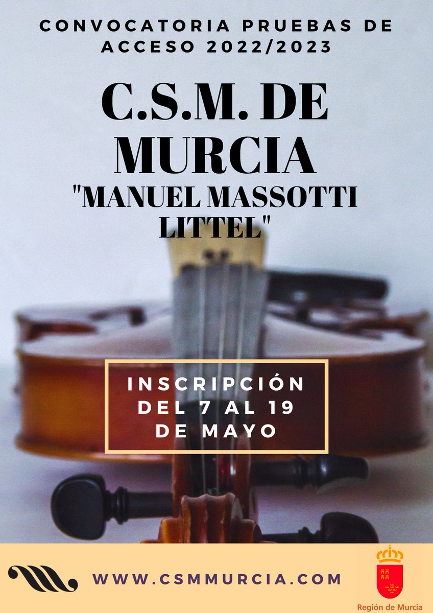 Publicada convocatoria pruebas de acceso al curso 2022-2023
Plazo inscripción del 7 al 19 de mayo
Inicio de pruebas el 14 de junio
csmmurcia.com/pruebas-de-acc…