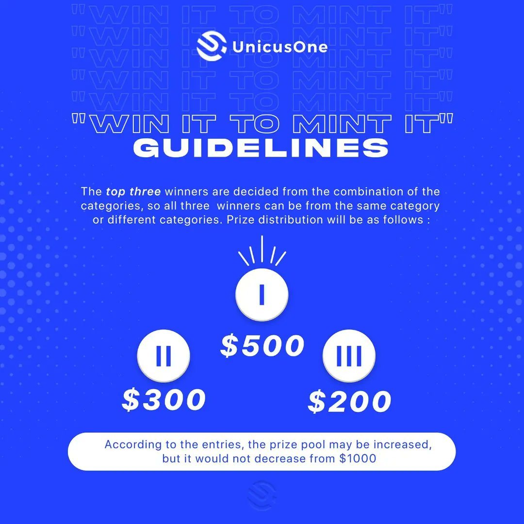 Unicus_One's tweet photo. Curious about how you can trump over all to win the competition? We're here with the guidelines that will act as your handbook! Follow these and stay a step ahead in this Web3 contest!
#nftcollector #nftcommunity #mintnft #UnicusOne #cryptotrading #Contest #UnicusOneContest https://t.co/QvjFurIqDa