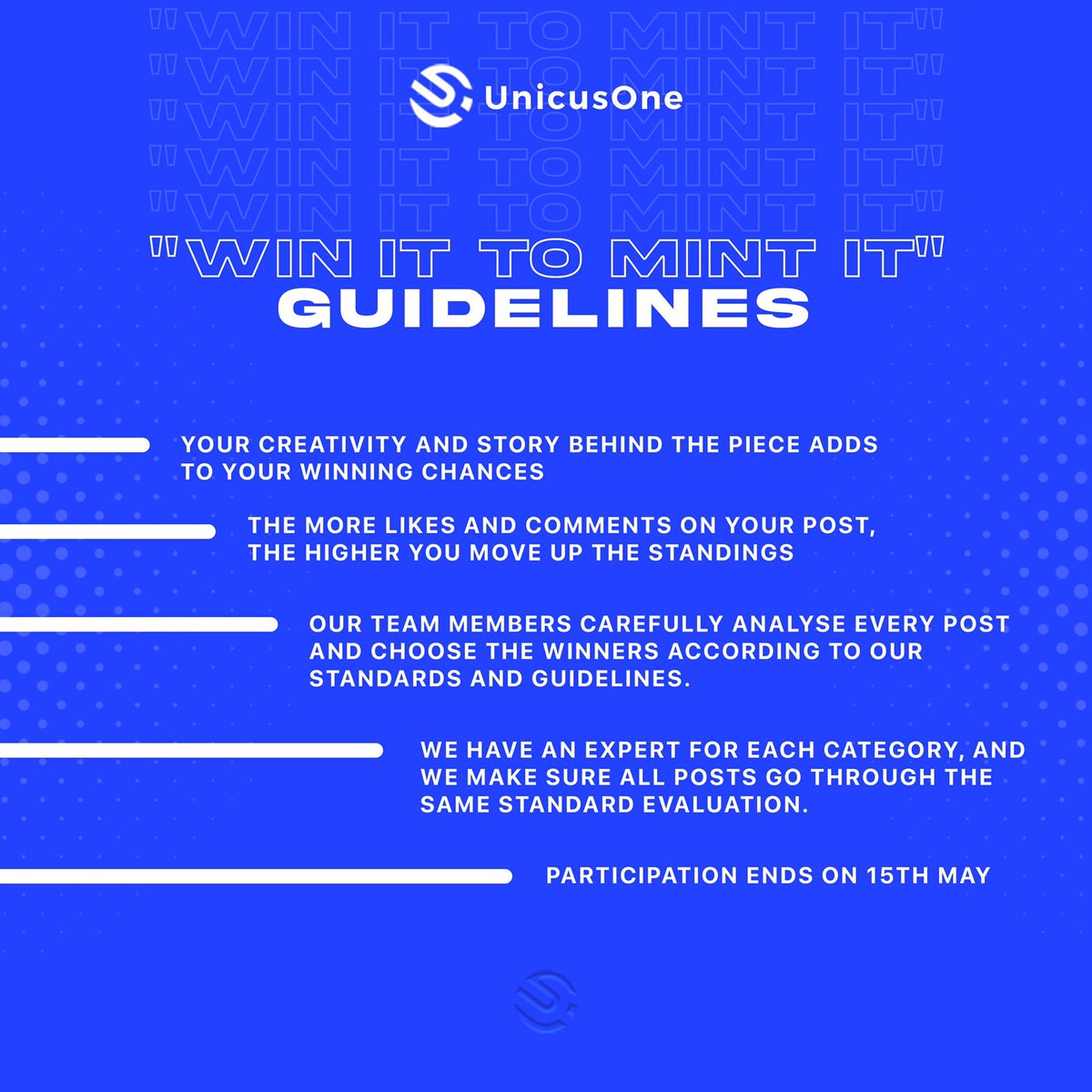 Unicus_One's tweet photo. Curious about how you can trump over all to win the competition? We're here with the guidelines that will act as your handbook! Follow these and stay a step ahead in this Web3 contest!
#nftcollector #nftcommunity #mintnft #UnicusOne #cryptotrading #Contest #UnicusOneContest https://t.co/QvjFurIqDa