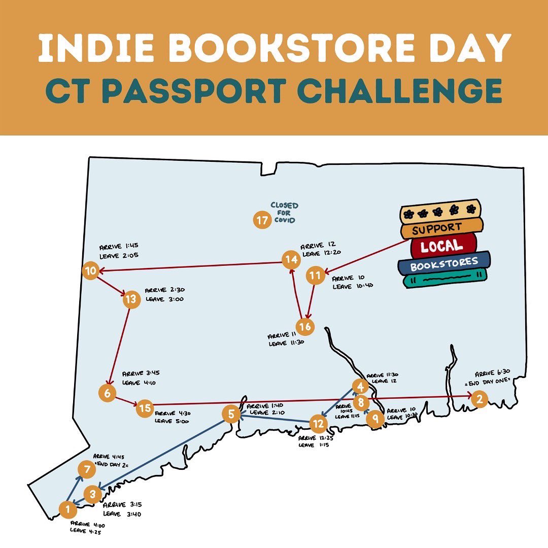 Going on an adventure! 16 bookstores across CT in two days.

Audiobooks are loaded, I’m packing up some snacks, and can’t wait to celebrate Independent Bookstore Day with all of these awesome shops ❤️