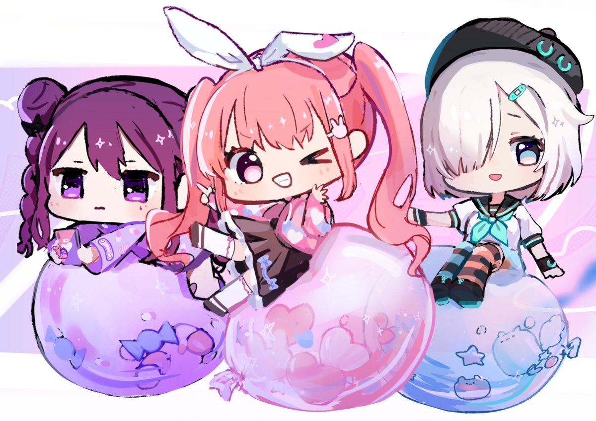 multiple girls chibi 3girls twintails pink hoodie pink hair pink eyes  illustration images