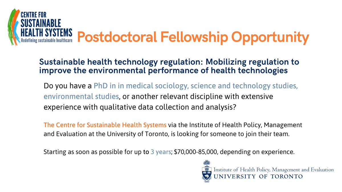 ELESH (@eleshcanada) on Twitter photo The <a href="/sushealthsys/">Centre for Sustainable Health Systems</a> is looking to hire a postdoctoral fellow, under the supervision of Dr. Fiona Miller. The Fellow will take a leadership role in a CIHR-funded policy study of health technology governance. For more info and to apply, please click here: bit.ly/3kF1vDL The <a href="/sushealthsys/">Centre for Sustainable Health Systems</a> is looking to hire a postdoctoral fellow, under the supervision of Dr. Fiona Miller. The Fellow will take a leadership role in a CIHR-funded policy study of health technology governance. For more info and to apply, please click here: bit.ly/3kF1vDL