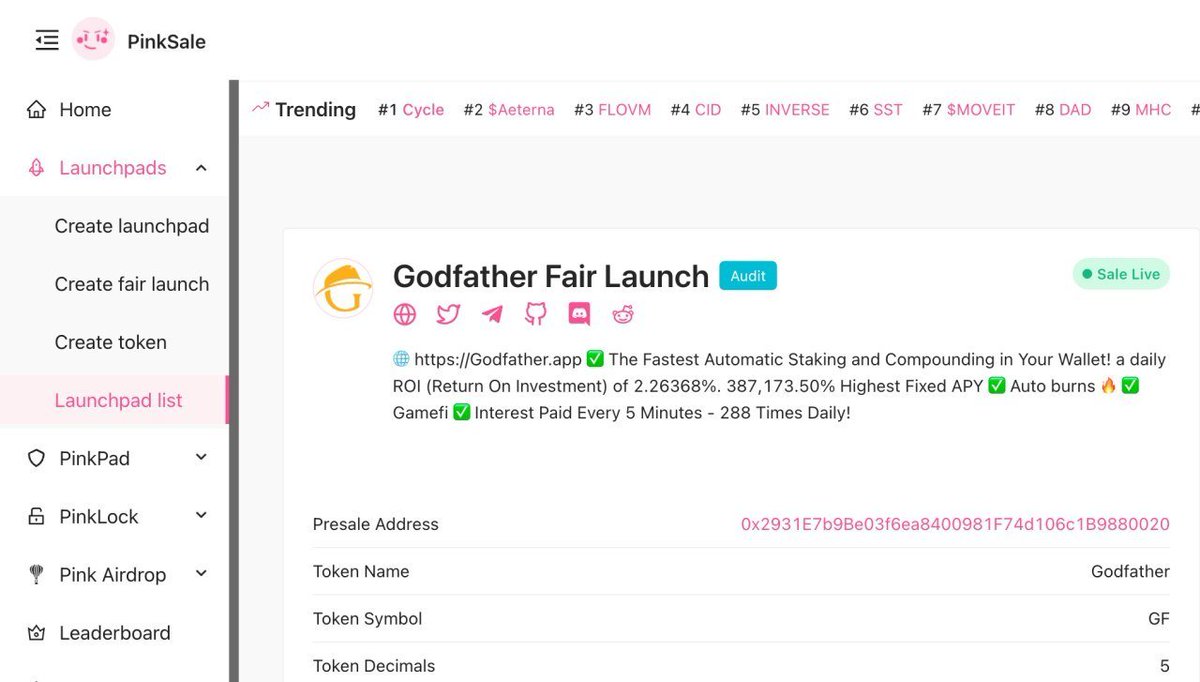 🔰Proceed to the Godfather Pool at: pinksale.finance/#/launchpad/0x….
Once inside Godfather Pool, you'll find all of the sale's details. Before making a purchase, please double-check everything.

🔥🔥THE SALE IS LIVE NOW! BUY $GF ASAP🔥🔥

#Defi #Pinksale #investment #Godfather