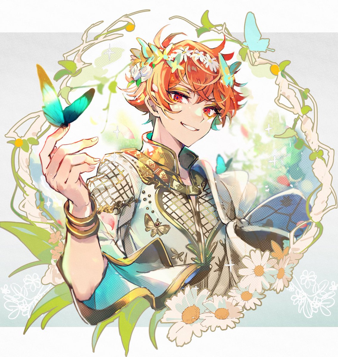 1boy butterfly male focus bug solo smile flower  illustration images
