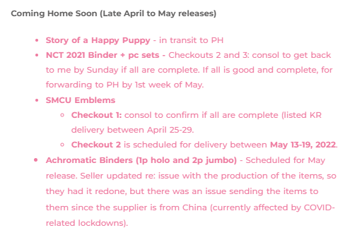 7705cart's tweet photo. #7705comms

↳ updates sent to the ff gdms re: expected arrivals

- nct 2021 mds (+ c/o 1 feta onhand arrivals)
- smcu express
- kr collect book pasabays

(see screenshot for the summary) https://t.co/QLdsk8EnH9