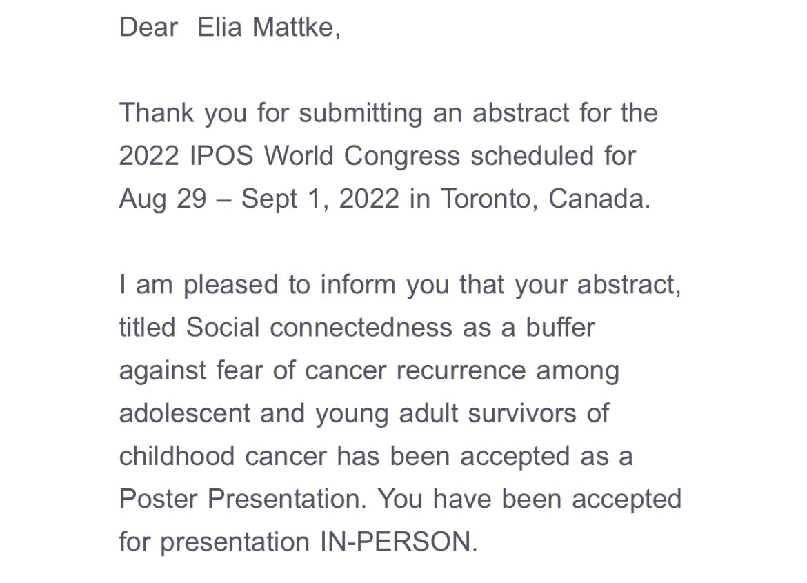 Wahooo, my student and research coordinator <a href="/sarahnwebster/">Sarah Webster</a> had their posters on #scanxiety and #fearofrecurrence accepted for #IPOS2022 🥳 in Toronto🇨🇦🍁. Will be introducing these superstars to the international <a href="/IPOSPsychoOncol/">IPOS</a> community 🌎. Love seeing our team shine ✨