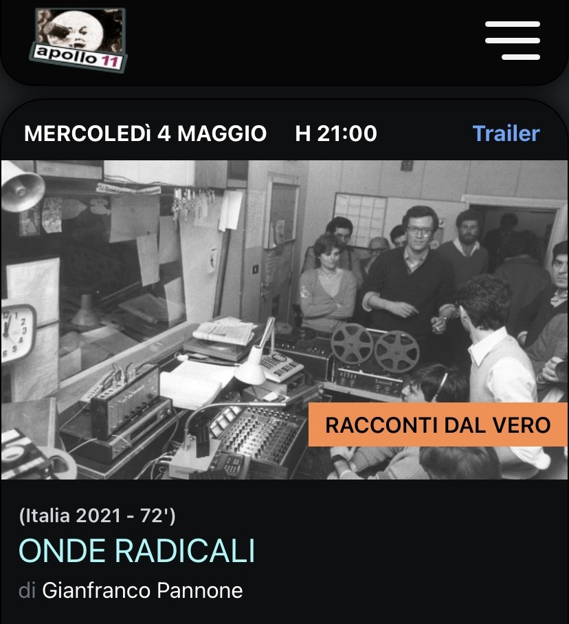 * Nuovo Evento a Roma *
Nell'attesa della serata di premiazione dei <a href="/PremiDavid/">Premi David di Donatello</a> dove il documentario è in cinquina, mercoledì 4 maggio #OndeRadicali di <a href="/gf_pannone/">Gianfranco Pannone</a>  torna a Roma al cinema #ApolloUndici alle ore 21!  Non mancate!
