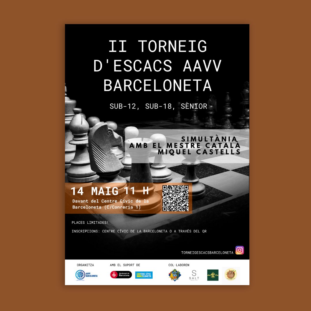 aavvbarceloneta's tweet photo. II TORNEIG ESCACS AAVV BARCELONETA
14 maig
11 - 15 h
Centre Cívic La Barceloneta (C/Conreria 1)
#escacs #ajedrez #simultania #simultanea https://t.co/n1cvpj2eWH