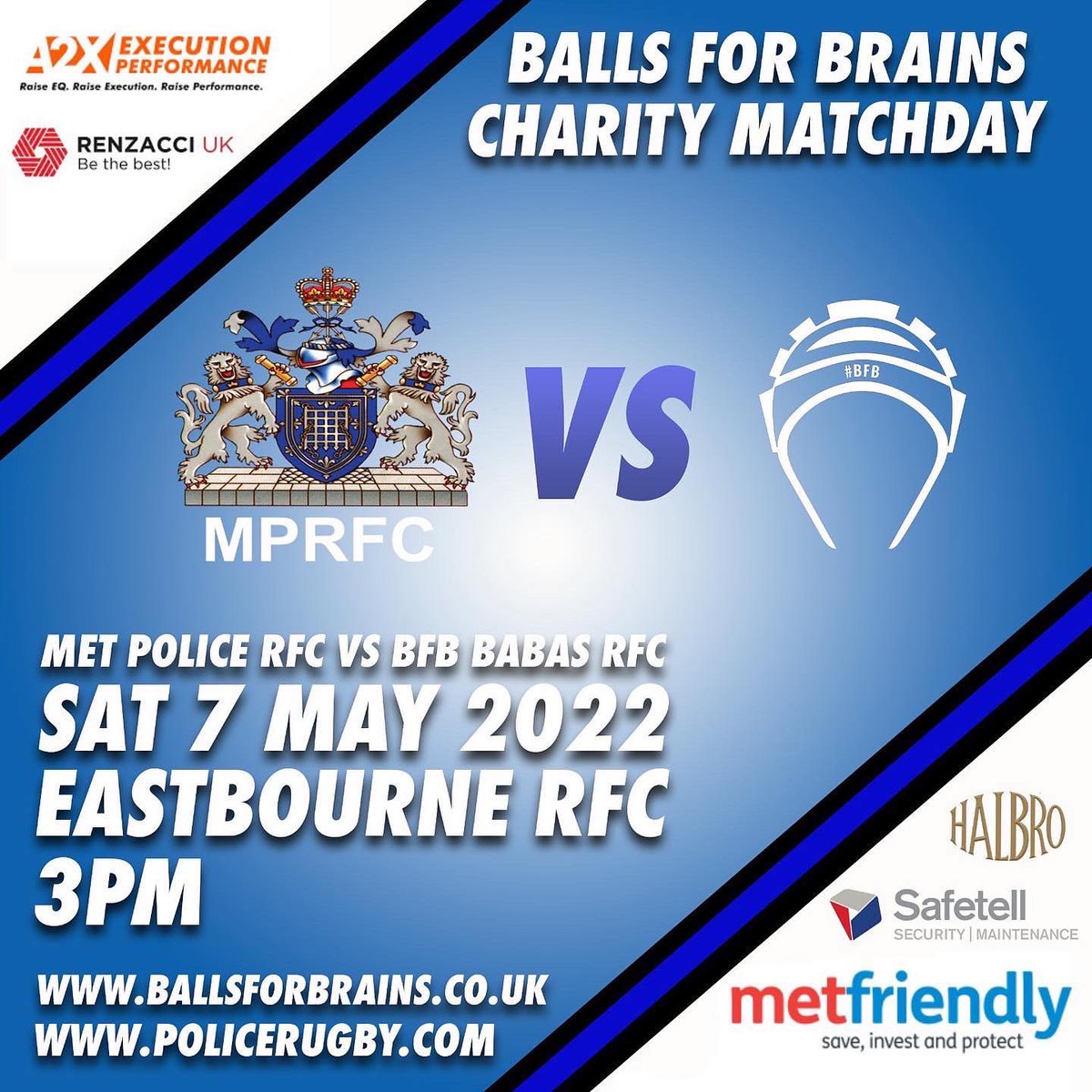 📅 07.05.22, 1 week until the <a href="/MetPoliceWRFC/">Met Police WRFC</a> and <a href="/MPRFC/">Met Police Rugby 👮🏻‍♂️</a> take on   Balls for Brains in a charity fixture at <a href="/Eastbourne_RFC/">Eastbourne R.F.C</a>. Come down and support the Met squads and raise lots of money for a great cause! #rugby #ItsOkayToNotBeOkay