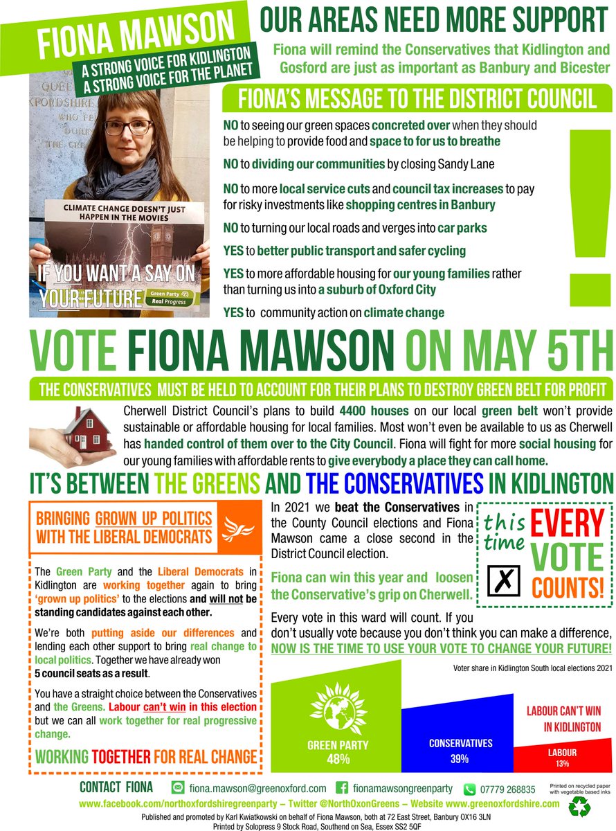This is the second leaflet that was recently distributed for Fiona Mawson, our candidate for Kidlington East Ward in the Cherwell District Council elections on this coming Thursday. We hope Fiona will become Cherwell's 2nd Green Councillor on May 5th #VoteGreen2022