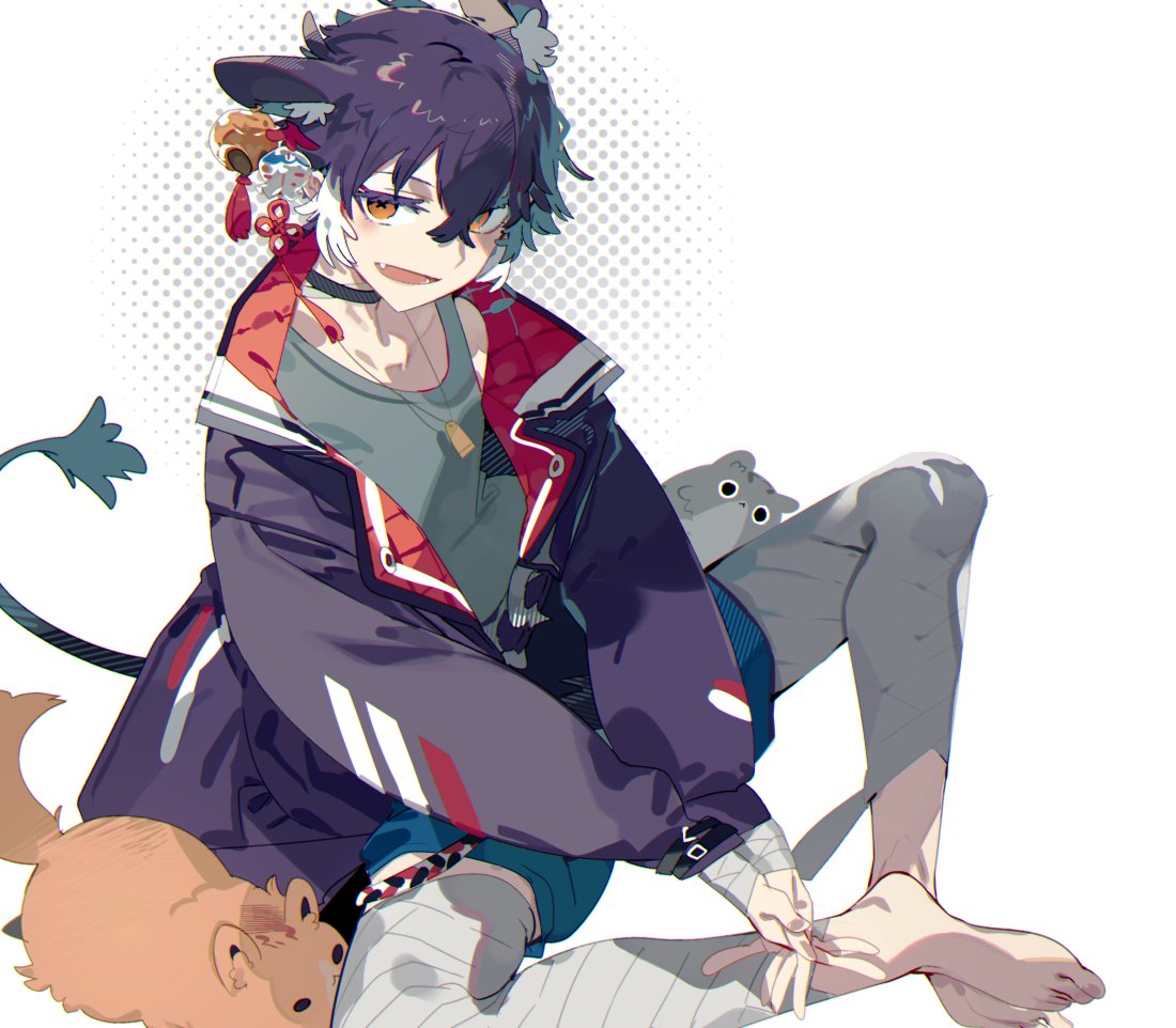 1boy male focus animal ears tail bandages jacket black hair  illustration images