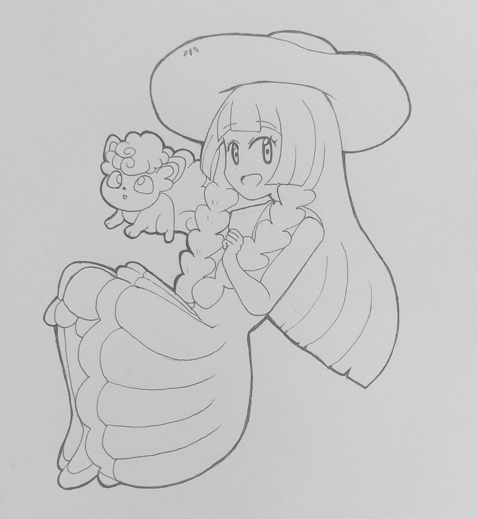 娘から色塗りしたいから何でもいいから線画描いてと無茶ぶりしてきたので、一億年ぶりにアナログでリーリエ描きました。 
