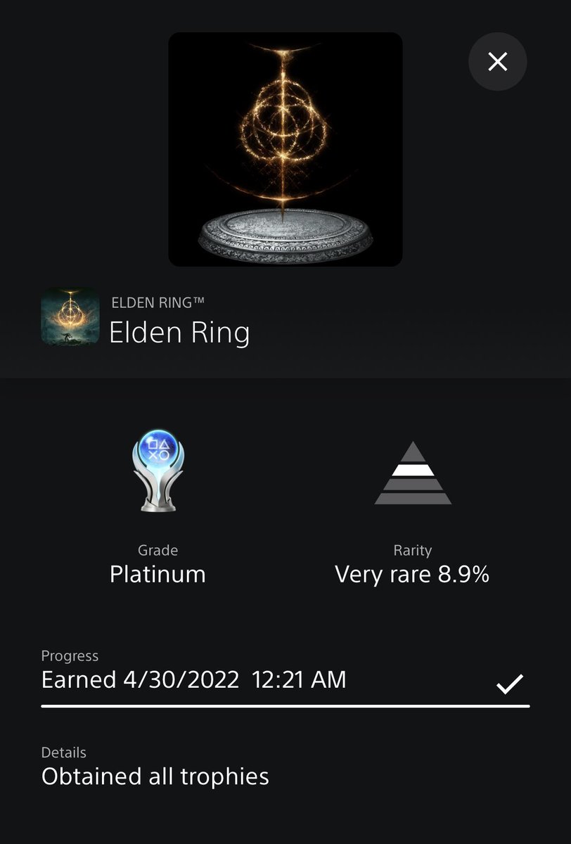 jmfletcher's tweet photo. Platinum #32 - Elden Ring

This game has consumed my life in the best way possible. I wish I could wipe my memory of it, so I could experience it for the first time again. https://t.co/6FfSoK9htB