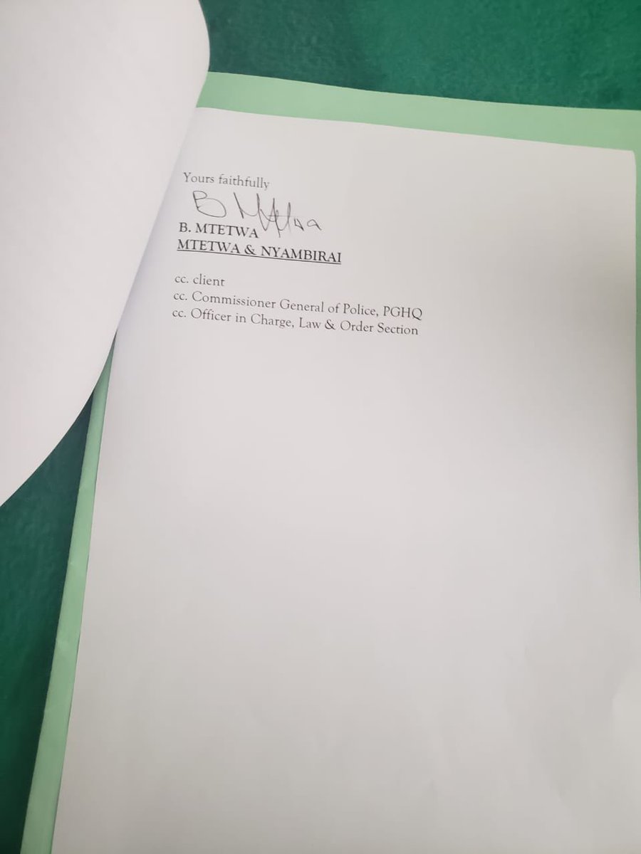 daddyhope's tweet photo. My lawyer Beatrice Mtetwa has served this letter to @PoliceZimbabwe’s Law and Order section, The Police Commissioner General at Police General Headquarters and Highlands police officer in charge.

As a law abiding citizen, I have had to report the threats as required by the law. https://t.co/kqIk2uxYen