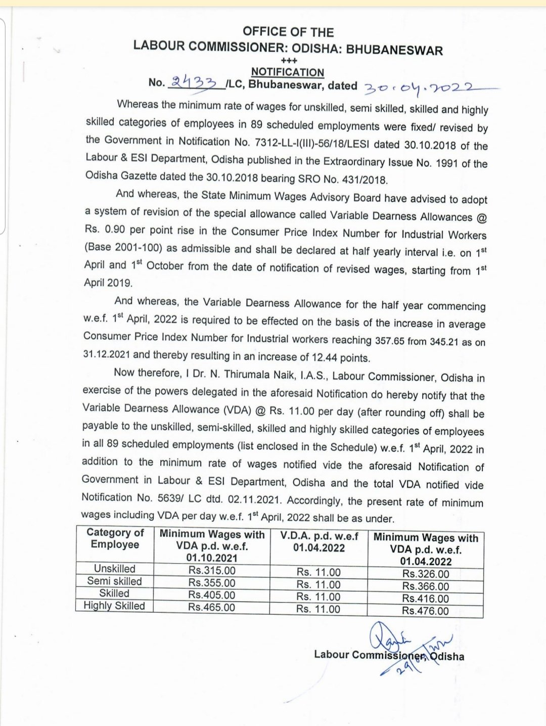 Labour Commissioner, Odisha on X: "Minimum Wage Notification with revised  VDA w.e.f. 01.04.2022. https://t.co/one6muQpsX" / X