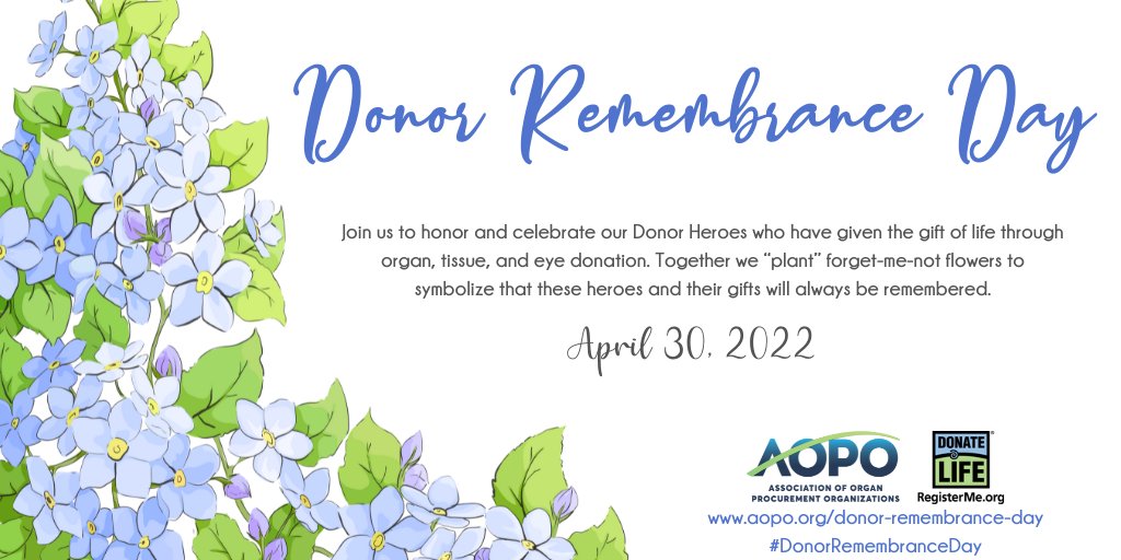 Today on #DonorRemembranceDay the donation & transplant community comes together to honor those who have given the gift of life through organ, eye & tissue donation. Forget-me-not flowers symbolize remembrance for the lifesaving generosity of all donors. @AOPOHQ #DonateLife 💙💚