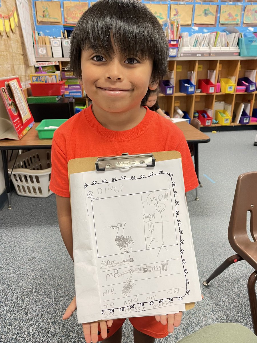 Typically I only expect them to label their drawing in pre-K. I guess bird week inspired him. He wrote, “me and my dad say hi to a ostrich”. I’m not concerned with editing it at this stage because I’m excited this reader has his own story to tell! <a href="/emmaelem/">Emma Roberson Elementary School</a> <a href="/granburyisd/">Granbury ISD</a>