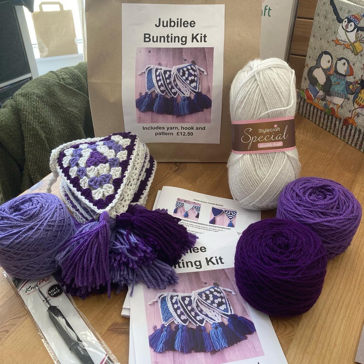 Jubilee Parties both inside and out will be better dressed with some fabulous Platinum Jubilee Bunting in Stylecraft Yarns Special DK, packs include pattern, yarn and hook for £12.50. They can be posted out for £15.50 💜 #eweandyarnthirsk #jubileebunting #crochet