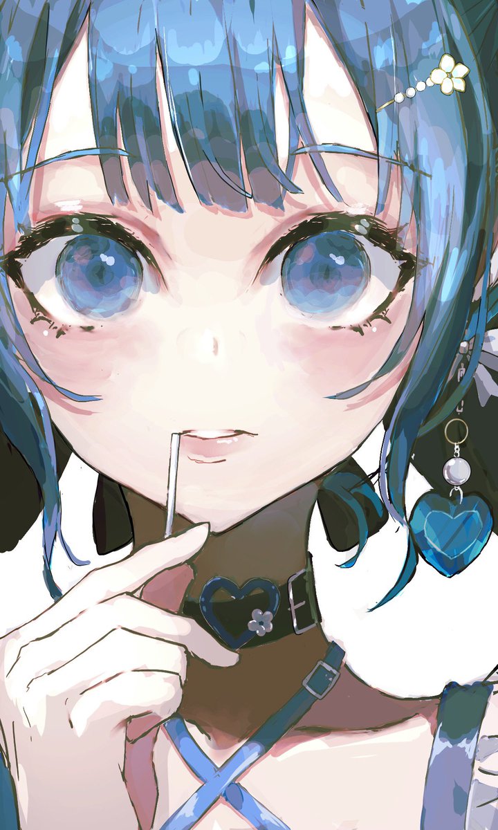 1girl solo blue eyes blue hair candy food hair ornament  illustration images