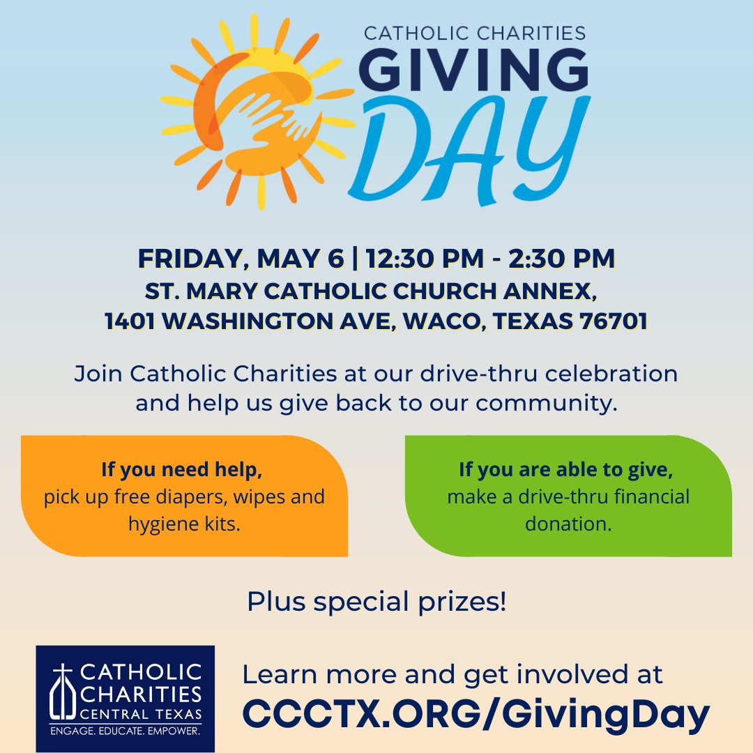 CCcentraltexas's tweet photo. Are you in #Waco Texas? Join us for #GivingDay on May 6th from 12:30 pm-2:30 pm! We'll be giving away FREE diapers, wipes, and hygiene kits to families in need.
To learn more visit https://t.co/tJzIqfTel9
#WacoTX #magnolia #arlington #eastexas #wacotown #wacotexas https://t.co/L3Urqa5iFT