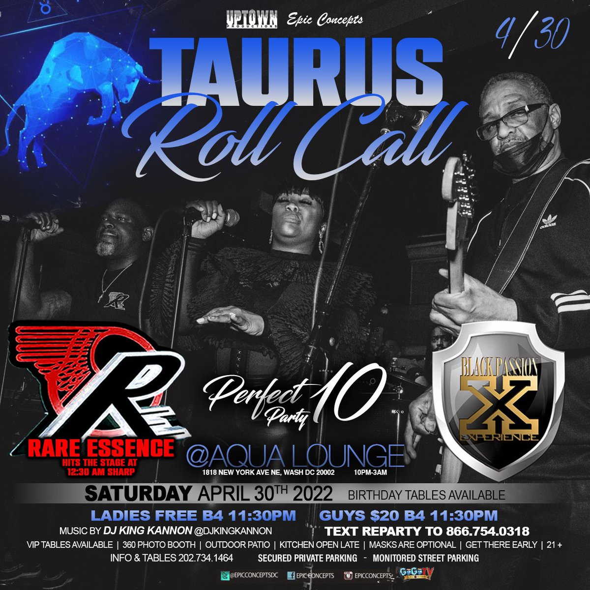 REWickedestBand's tweet photo. Text ESSENCE to 545454 for special event updates
SATURDAY APRIL 30th
.
PERFECT 10 PARTY
FREE BIRTHDAY TABLES CALL 202.734.1464
.
BAND HIT THE STAGE @ MIDNIGHT
.
#RareEssence #AQUALOUNGE #aquadc https://t.co/1WflLN8LRk