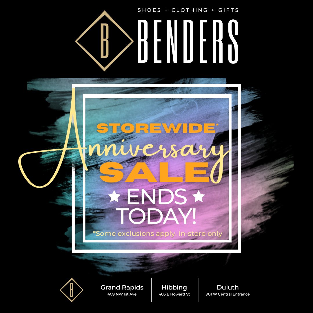 Today is the last day of our Anniversary Sale! Hurry in to receive discounts on everything in store.

**Exclusions may apply**

#shopbenders #shoplocal #anniversarysale #lastday #sale #storewidesale #hurryin